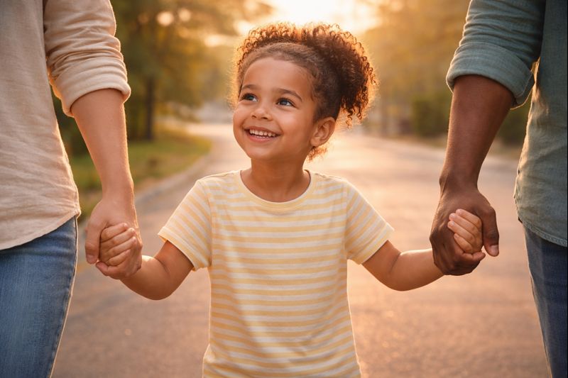 Child holding both parents' hands - peaceful co-parenting moment